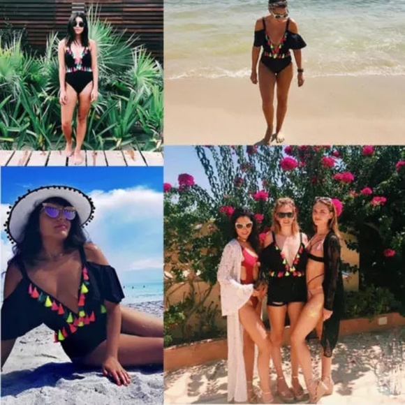 Black off shoulder onepiece monokini with tassels - Picture 4 of 4